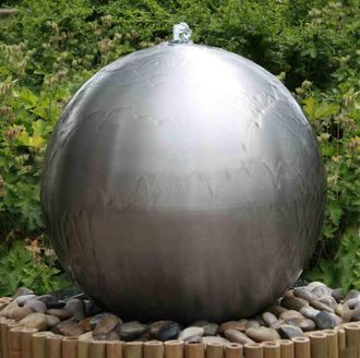 PRIMROSE Brushed 60cm Stainless Steel Sphere Water Feature Cascade LED Light in Metallic Silver