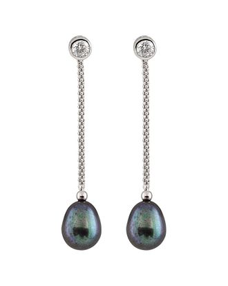 Splendid Pearls Rhodium Plated 9-10Mm Tahitian Pearl & Cz Earrings