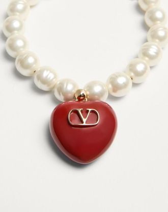 Valentino Garavani Bracciale Coeur Royal In Metallo, Smalto E Perle Donna ORO/ROSSO/CREMA M