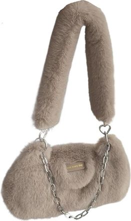 Generic Womens Plush Bags Plush Shoulder Bag Solid Color Womens Ladies Armpit Bags Chain Female Handbag Purse(Brown)