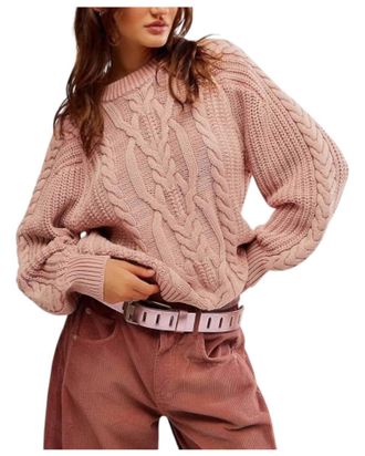 Free People Frankie Cable Sweater In Misty Rose