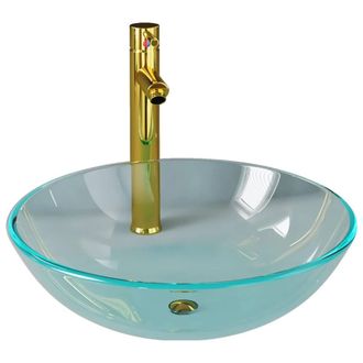 Berkfield Home Bathroom Sink with Tap & Push Drain Clear Tempered Glass