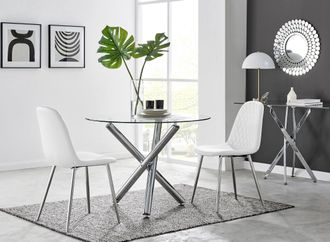 Furniturebox Selina Round Glass Chrome Leg Dining Table & Corona Silver Leg Chairs in Off-White | Size: 2 Person