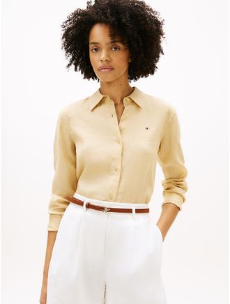Tommy Hilfiger Womens Long-Sleeve Linen Shirt - Beige - 10