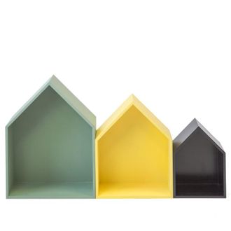 Muemue Estantes casita set 3 mdf verde, amarillo y negro 37,5x29x12cm