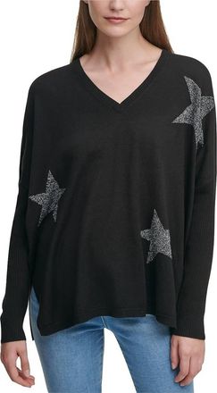 DKNY Glitter Star Print V-Neck Sweater In Black