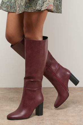 Oasis Womens Tamsin Faux Leather Stacked High Block Heel Knee Boots - Dark Red - Size UK 4
