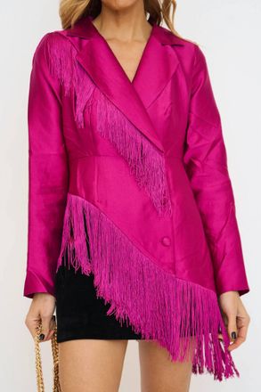 Sugarlips Lettie Satin Fringe Blazer Jacket In Magenta