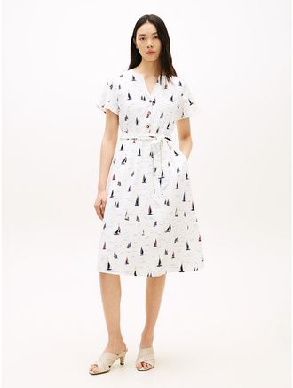 Tommy Hilfiger Womens Belted Sailboat Print Crepe Dress - White - XXL