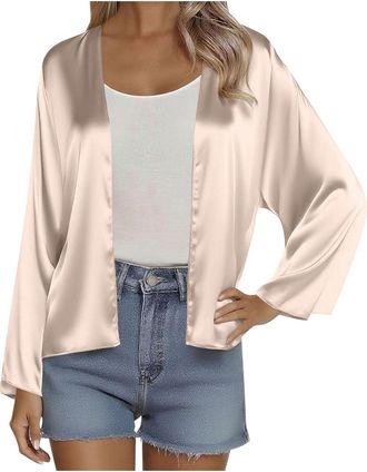 Generic Ladies Cardigans Long Sleeve Open Front Holiday Shrug Satin Silk Fall Jackets Summer Autumn Beach Bolero Casual Comfy Kimono Rose Gold