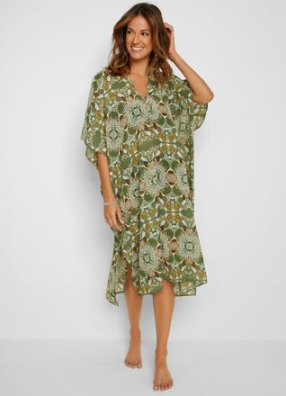 Bonprix Tunikakleid BONPRIX, Damen, Gr. 52/54 (XXL), N-Gr, gr&uuml;n, beige gebl&uuml;mt, Web, Obermaterial: 100% Polyester, figurumspielend, Kleider Tunikakleid, f&uuml;r F