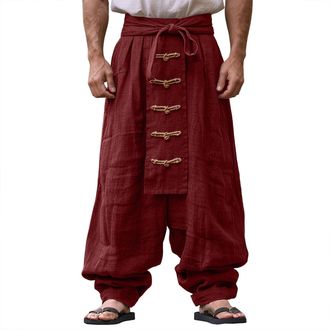 Generic Mens Casual Linen Trousers Wide Leg Bohemian Style Lightweight Breathable Summer Beach Pants for Outdoor Travel and Everyday wear (Red, XXL)
