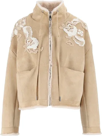 Ermanno Scervino Brown Suede-Like Cropped Shearling Floral Embroidered Jacket