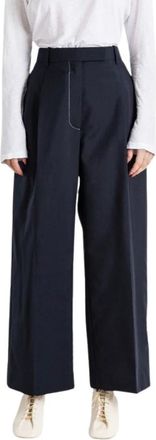 Thom Browne Wide Trousers, female, Blue, Size: L Navy Blue Wool Straight Cut Trousers