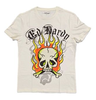 Ed Hardy Mens Flame Skull Rhinestone Short Sleeve Tee In Ivory