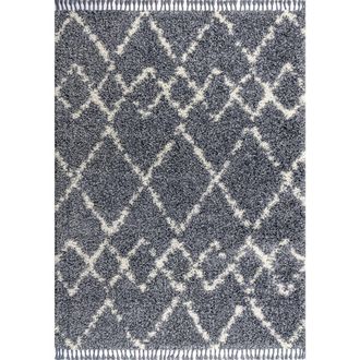 Jonathan Y Designs Mercer Shag Plush Tassel Moroccan Geometric Trellis Area Rug in Blue/cream at Nordstrom, Size 4Ft 0In X 6Ft 0In