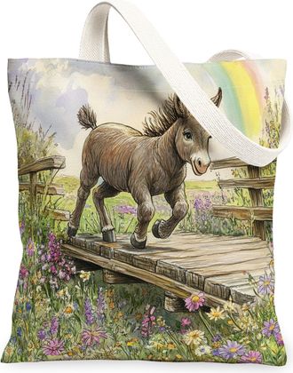 Generic Spring Donkey Canvas Tote Bag for Shopping 13x15, Country Garden Animal Reusable Grocery Print Pattern Bag for Women, Fun Flower Scenic Beach Aestheti
