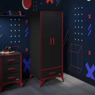X Rocker Arcane Canvas 2 Door Wardrobe with Drawer in Red