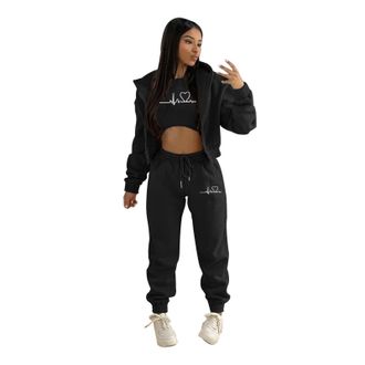 Generic WomenS Casual Stylish Tracksuit Set - Hooded Tracksuit Womens Full Set Winter Top Vest Pant 3 Pieces Set Baggy Streetwear With Pockets Casual Leisure 