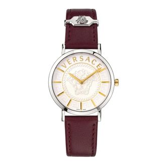 Versace Essential Rood/Zilver Leren Horloge - Dames - Horloges - Grijs - ONE Size - Accessoires
