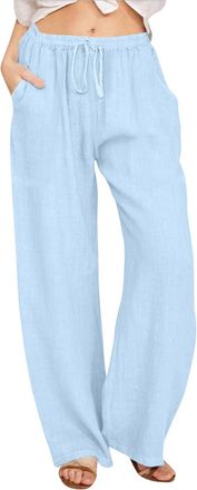 Generic Womens Summer Cotton Linen Pants Drawstring Elastic Waist Cropped Trousers for Women UK Solid Color Plus Size Wide Leg Trousers Lightweight Loose Fit 