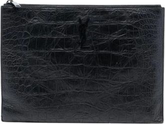 Saint Laurent Pre-owned Clutches, female, Black, Size: ONE SIZE Pre-owned Croc Embossed Leather Clutch