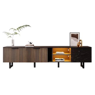 STILVORA Mueble Tv Con 2 Puertas, 2 Cajones Y Led Multicolor, Efecto M&aacute;rmol Negro, En Mdf, Negro Y Madera, 200&times;38&times;50 Cm