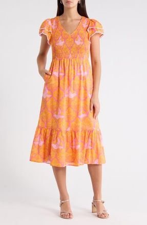 Sugarlips Kaidy Tropical Print Midi Dress in Orange-Pinks-Multi at Nordstrom, Size X-Small