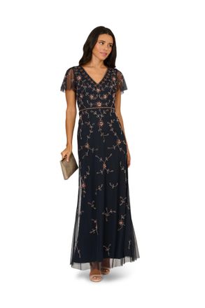 Adrianna Papell Womens Studio Bead V Neck Long Dress - Blue - Size 6 UK
