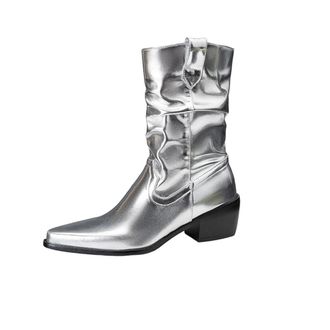 Generic Womens Western Fringe Knee High Boots Pointed Toe Faux Suede Chunky Block Heels Studded Cowboy Style Non Slip Comfortable Durable Daily Party,Silver,3