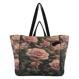Generic Pink Rose print Reusable Canvas Tote Bag, Heavy Duty Grocery Shopping Bag with Hard Bottom Large Capacity Double Handles Work Groceries Travel