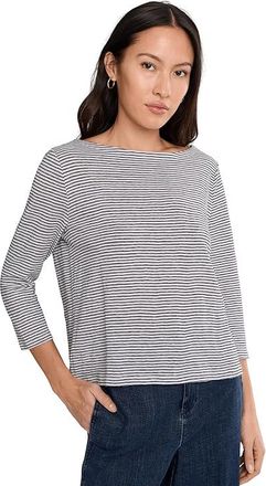 Eileen Fisher Petite Striped Organic Linen Jersey Bateau Neck 3/4 Sleeve Top Womens Clothing White Black : PM