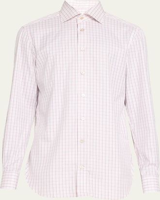 Kiton Mens Mini Check Cotton Sport Shirt