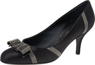 Ferragamo Black Satin Crystal Embellished Vara Bow Pumps