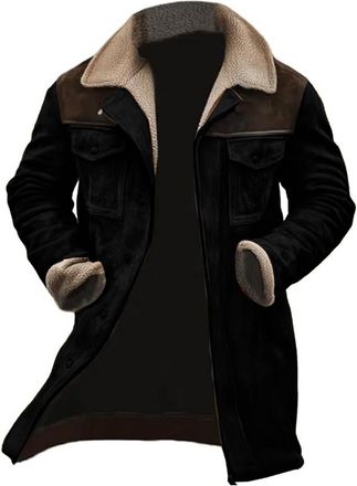 Generic Men Sherpa Jacket, Winter Trucker Jackets Faux Suede Sherpa Lined Leather Coat Lapel Collar Military Peacoat Thick Thermal Casual Overcoat Mid Length 