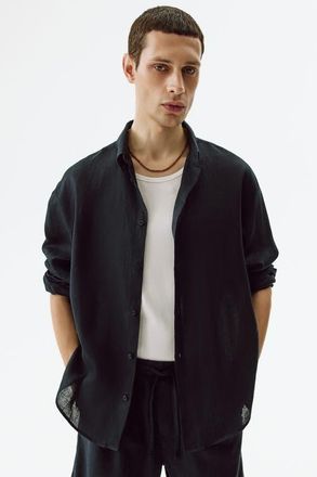 H&M Relaxed Fit Linen Shirt in Navy Blue at Nordstrom, Size Xx-Large