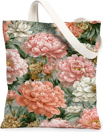 Generic Floral Canvas Tote Bag, Vintage Flower Pattern Reusable Grocery Bags, Lightweight Washable Shoulder Strap Canvas Bags for T, Peach, 13x15 Inch