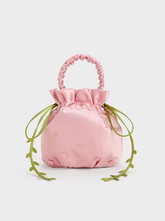 Charles & Keith Mabel Satin Floral-Vine Bucket Bag