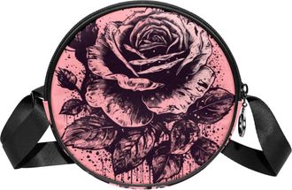 Generic Circle Crossbody Bag for Women, Pink Black Rose Small Sling Bag Daypack with Zipper Adjustable Shoulder Straps Casual Ladies Girls Round Purse