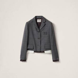 Miu Miu Single-breasted Prince Of Wales Check Jacket, Woman, Slate Gray, Size 36