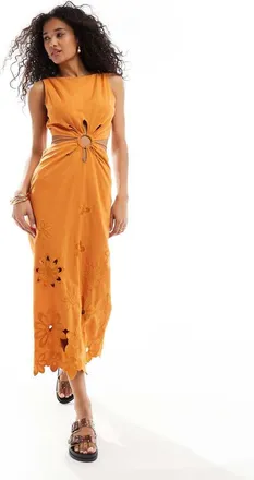 Asos floral embroidered cut out maxi dress in orange