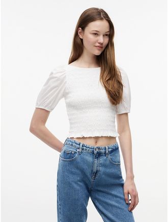 Tommy Hilfiger Womens Tommy Jeans Puff-Sleeve Shirred Top - Ecru - L