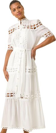 Roman Womens Lace Detail Belted Midi Dress - White - Size 10 UK