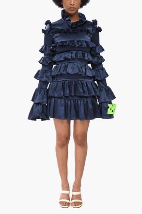 Off-white Minidress in Satin a Balze con Zip Posteriore Off-White