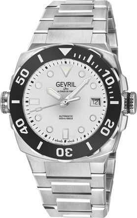 Gevril Group Mens Fortuna Swiss Made Automatic Sellita SW200 Black Bezel, White Enamel dial, 316L Stainless Steel Watch - Silver - One Size