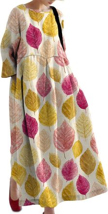 Generic Vacation Dresses for Women - Leaves Print 3/4 Sleeve Flowy Maxi Swing Dress | Oversized Sundress with Pocket Pink Leaves 3XL
