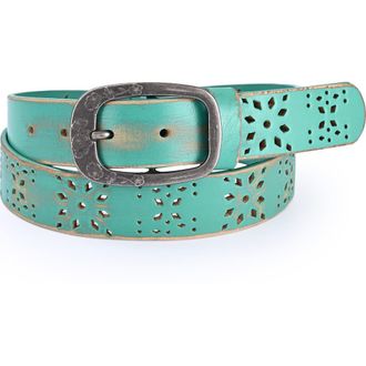 OLD TREND Blooming Genuine Leather Perforated Floral Vintage Belt in Aqua at Nordstrom, Size Medium