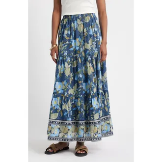 Treasure & Bond Print Tiered Maxi Skirt in Navy- Olive Jacobean Border at Nordstrom Rack, Size Medium