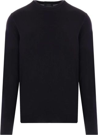 Zanone Blauwe Gebreide Crew Neck Sweater - Heren - Ronde hals truien - Blauw - 2XL - Wol - Truien & Vesten