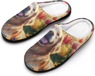 Generic Retriever Sitting in Tulips Flower Mens Slippers Comfortable And Non-slip Cotton Slipper Shoe for House